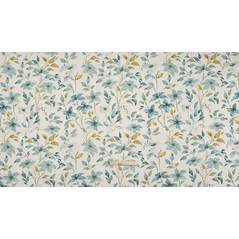 Printed Cotton Canvas - Azure Watercolor Floral Stems - British Imported