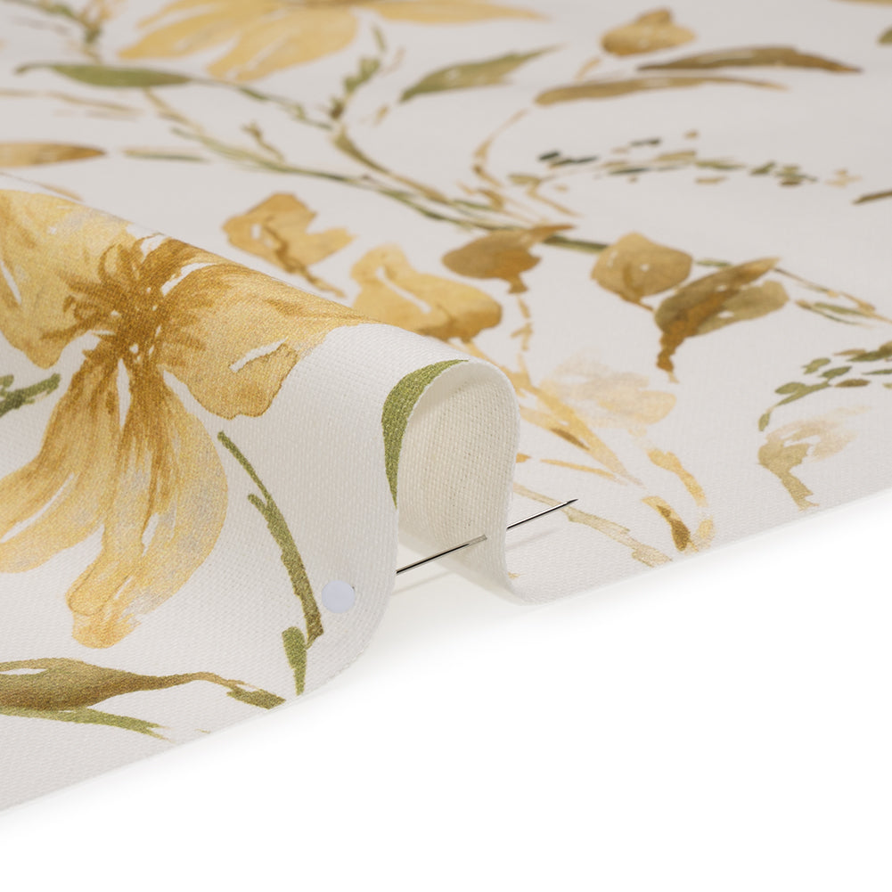 Printed Cotton Canvas - Maize Watercolor Floral Stems - British Imported