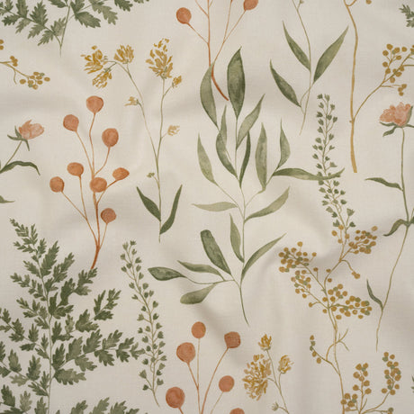 Printed Cotton Canvas - Autumn Painted Wildflowers and Leaves - British Imported