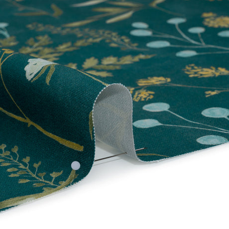 Printed Cotton Canvas - Kingfisher Painted Wildflowers and Leaves - British Imported