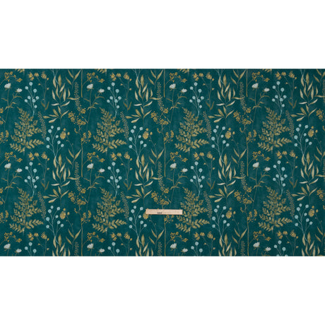 Printed Cotton Canvas - Kingfisher Painted Wildflowers and Leaves - British Imported