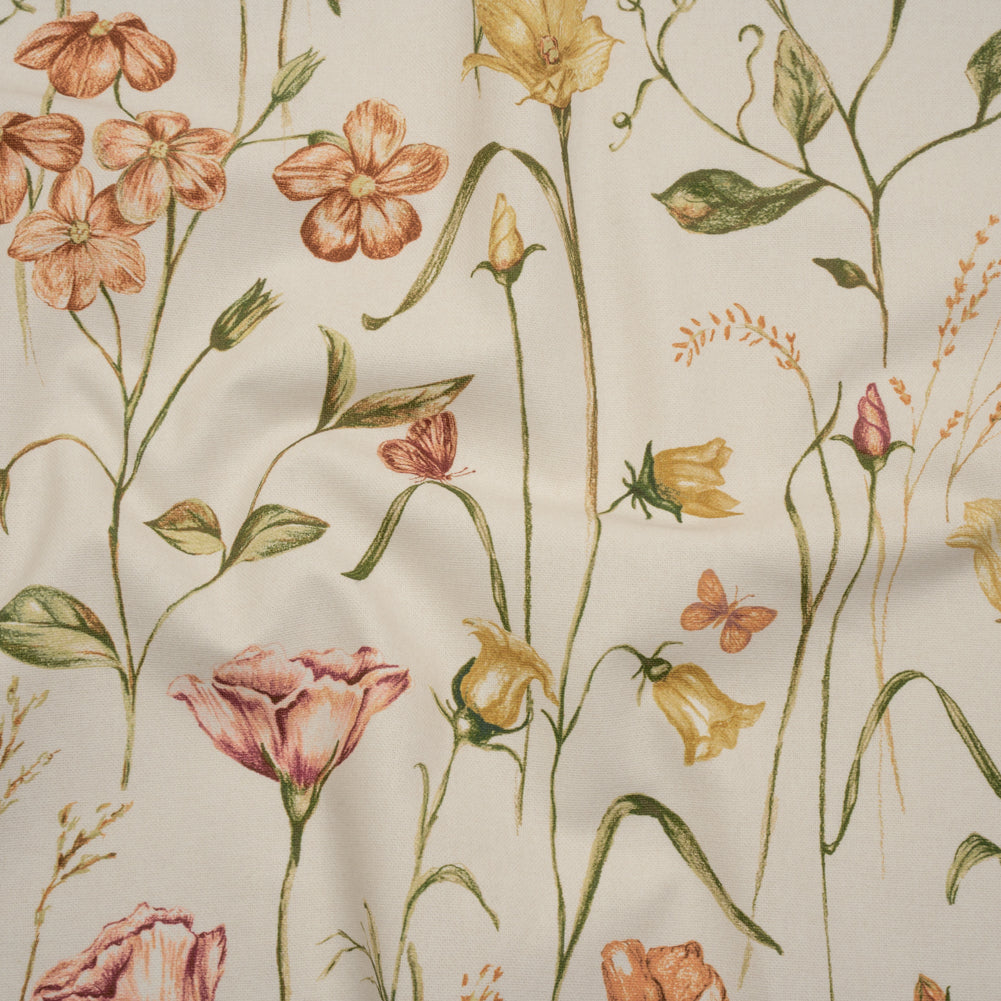 Printed Cotton Canvas - Autumn Flowering Stems and Butterflies - British Imported