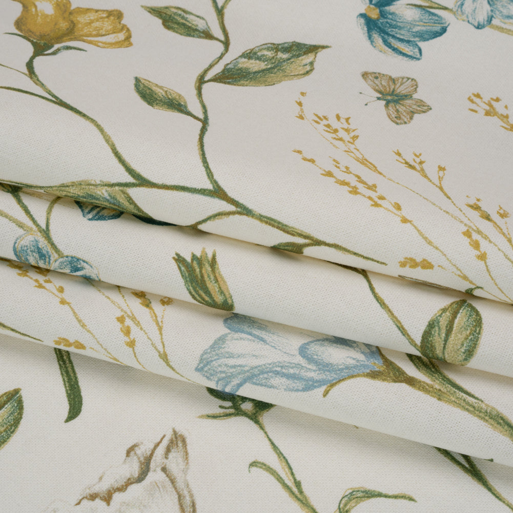 Printed Cotton Canvas - Duckegg Flowering Stems and Butterflies - British Imported
