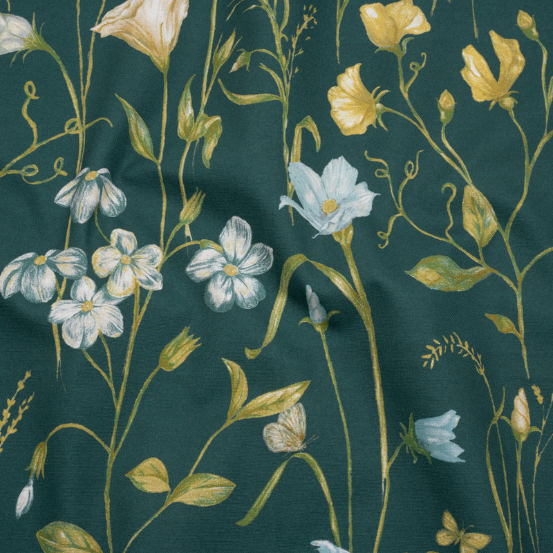 Printed Cotton Canvas - Kingfisher Flowering Stems and Butterflies - British Imported