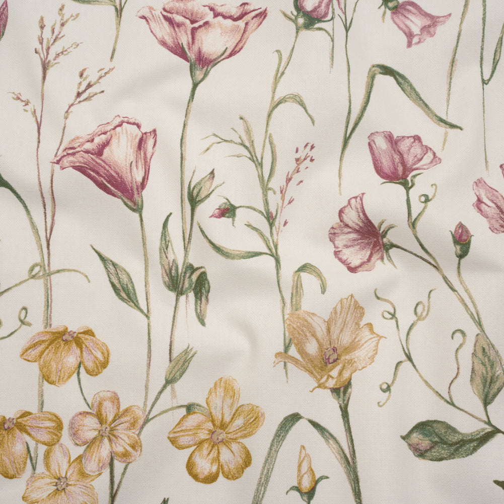 Printed Cotton Canvas - Peony Flowering Stems and Butterflies - British Imported