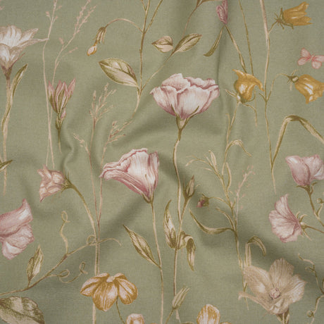 Printed Cotton Canvas - Sage Flowering Stems and Butterflies - British Imported