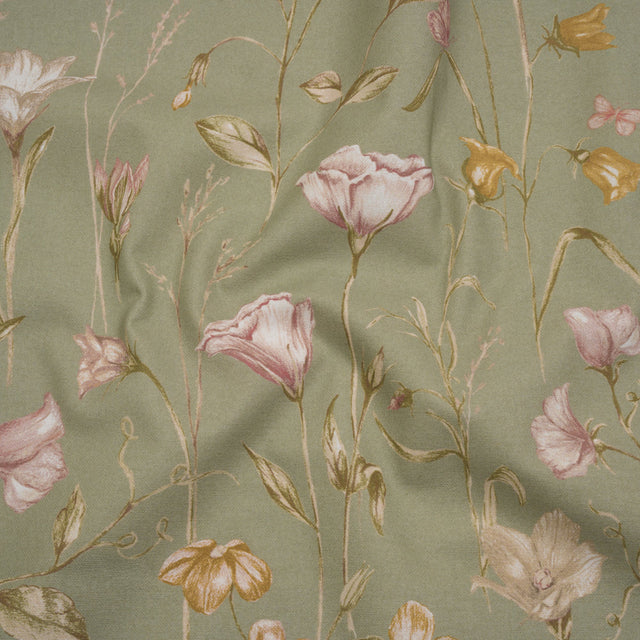 Printed Cotton Canvas - Sage Flowering Stems and Butterflies - British Imported