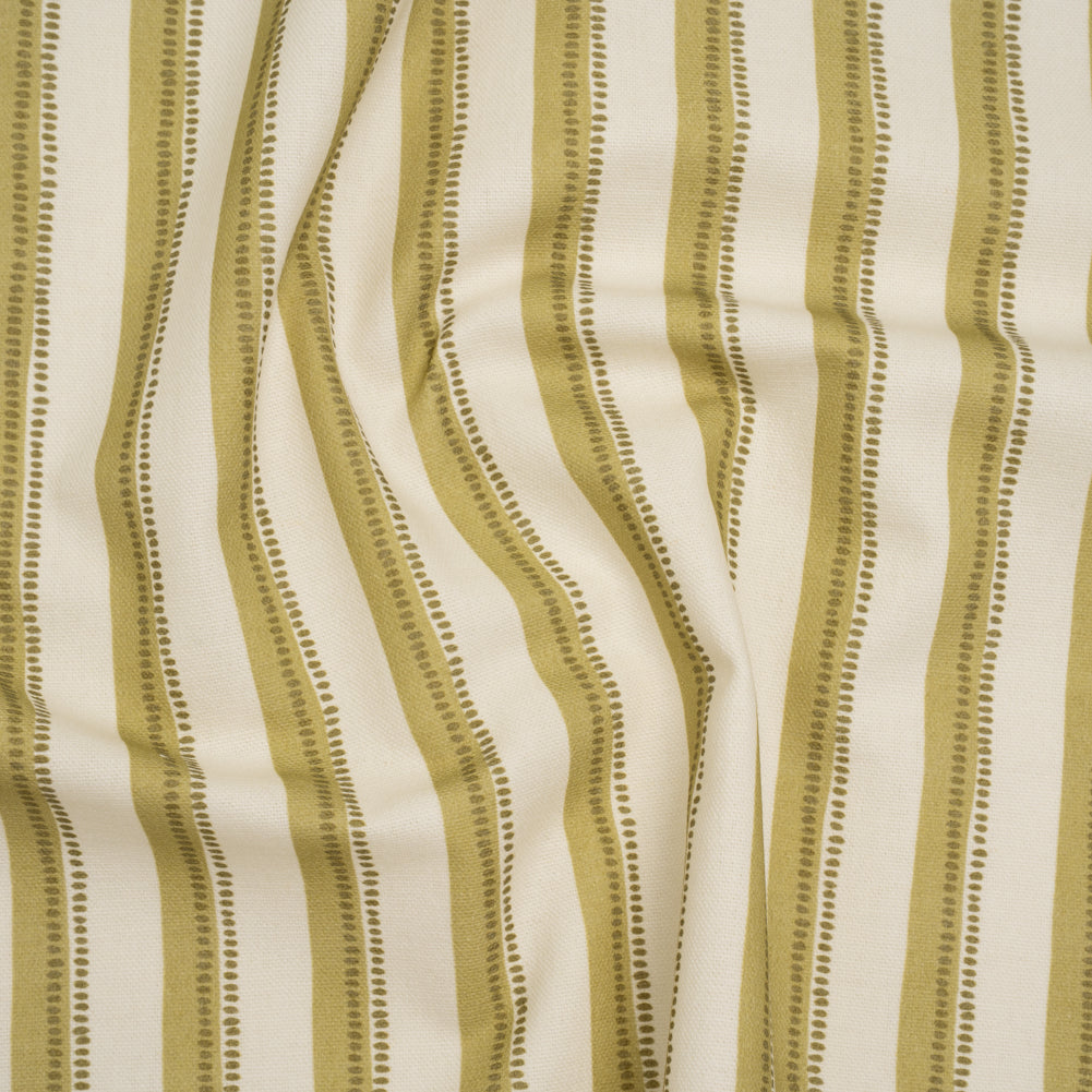 Cotton and Linen Canvas Print - Olive Stripes and Dots - British Imported