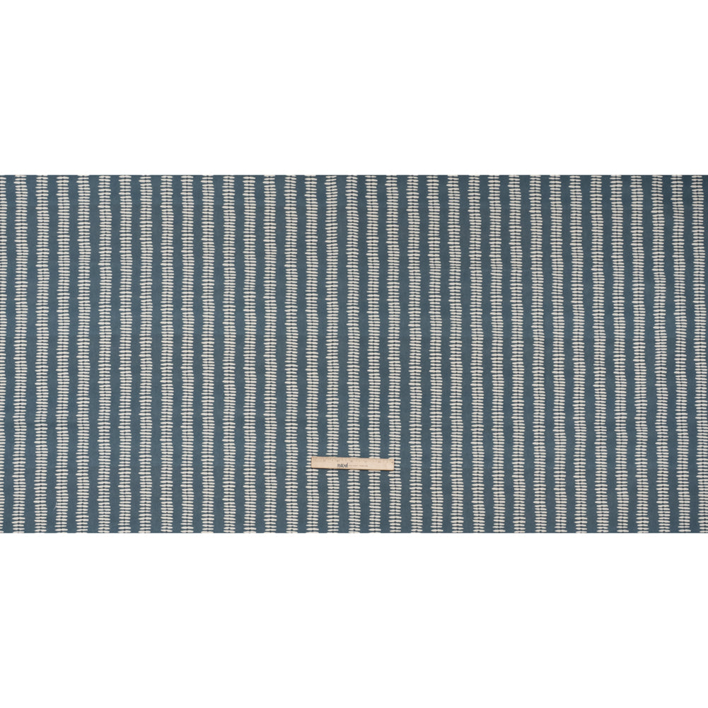 Cotton and Linen Canvas Print - Indigo Dash and Dot Stripes - British Imported