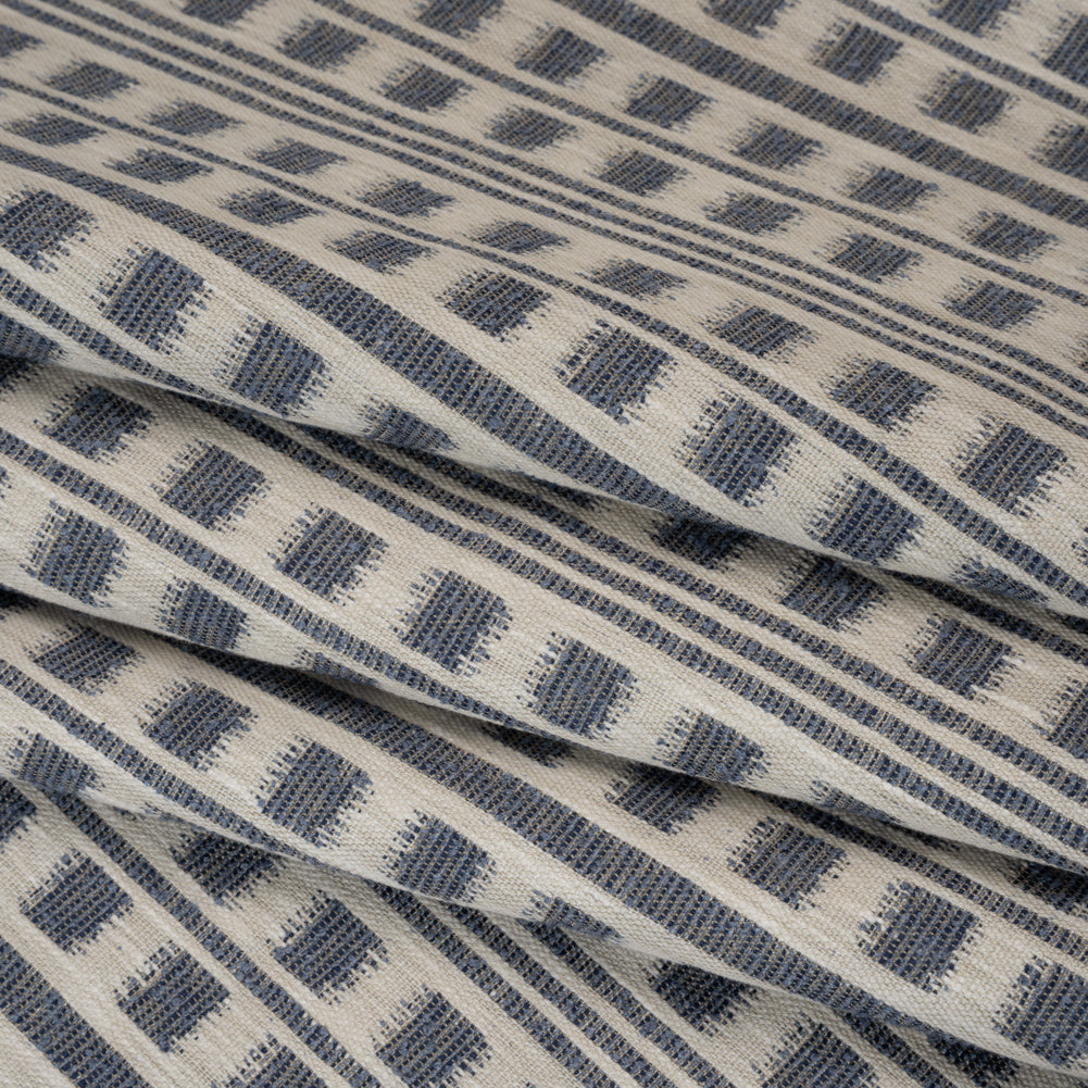 Polyester and Cotton Home Decor Jacquard - Indigo Ikat Squares in Stripes - British Imported