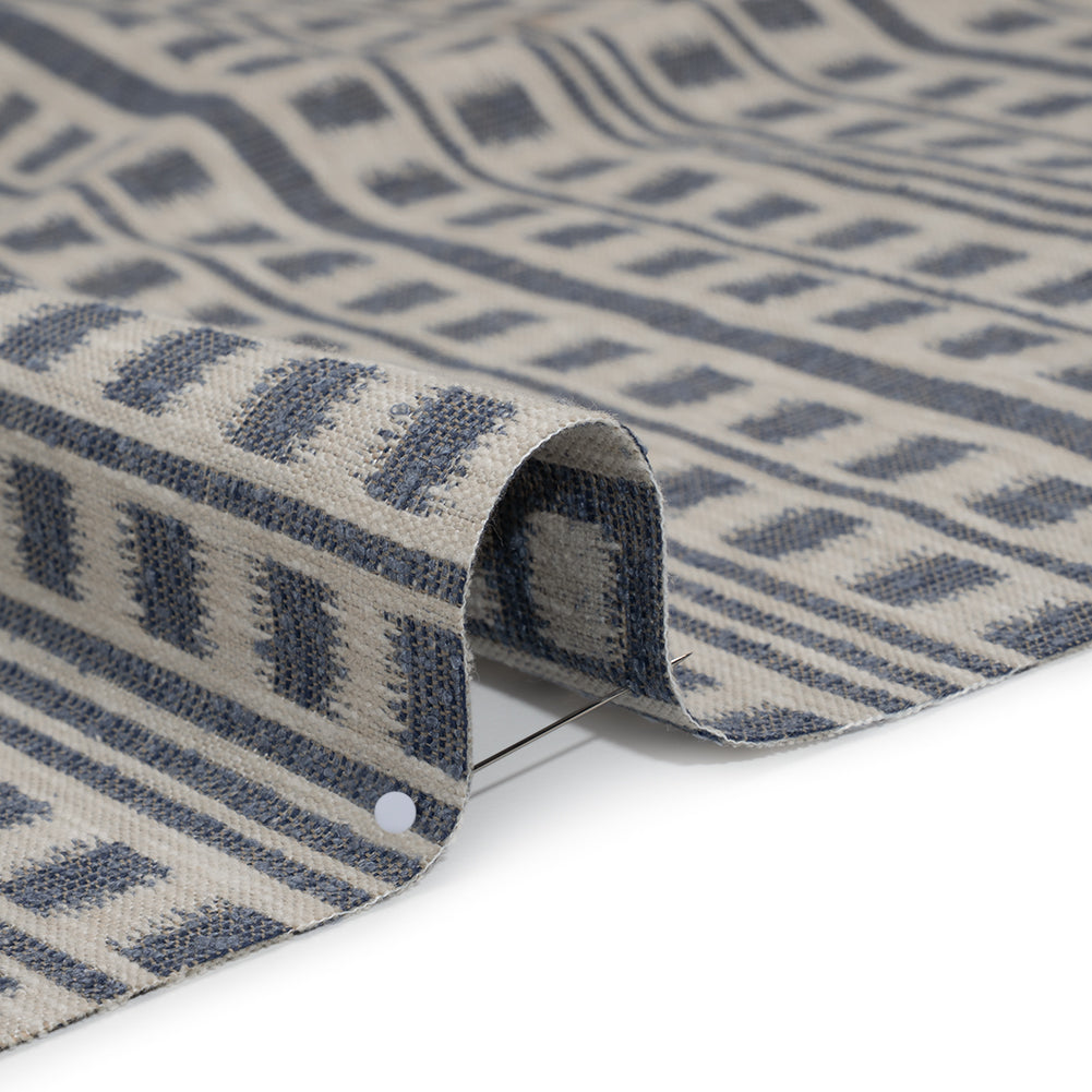 Polyester and Cotton Home Decor Jacquard - Indigo Ikat Squares in Stripes - British Imported