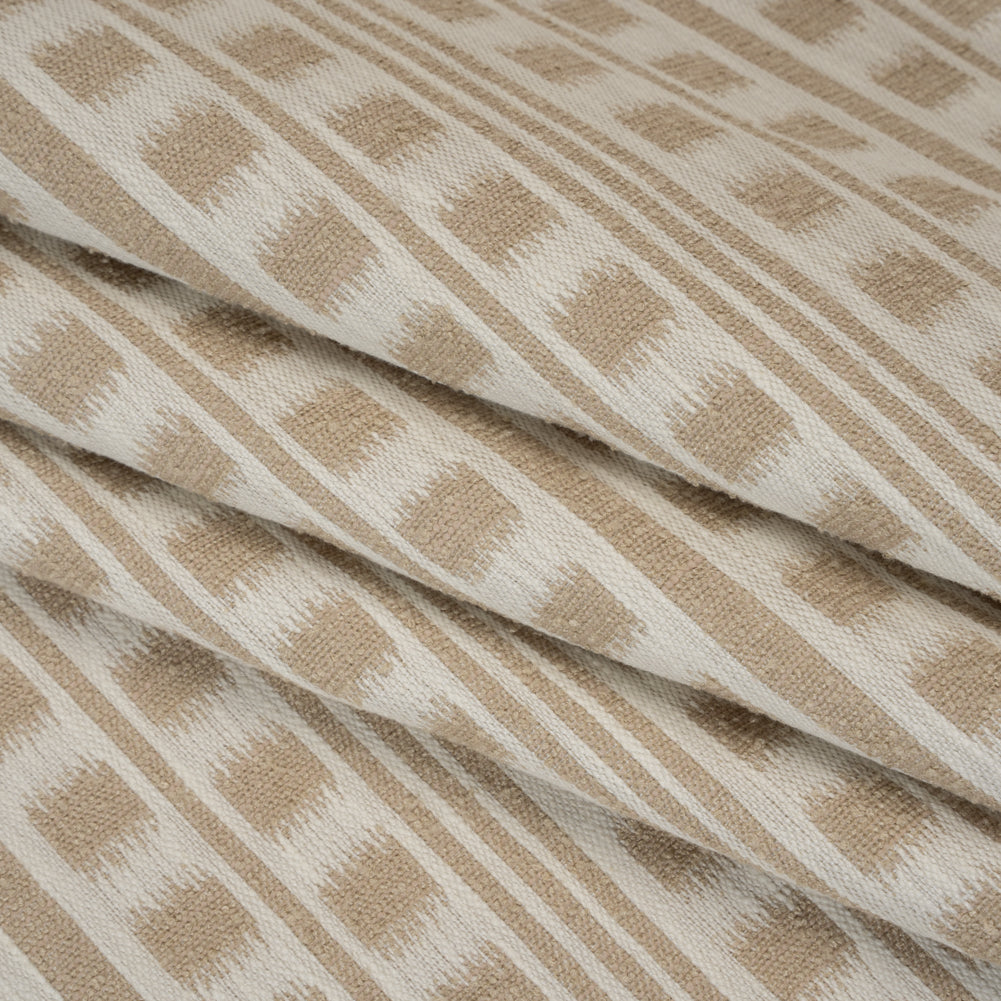 Polyester and Cotton Home Decor Jacquard - Natural Ikat Squares in Stripes - British Imported