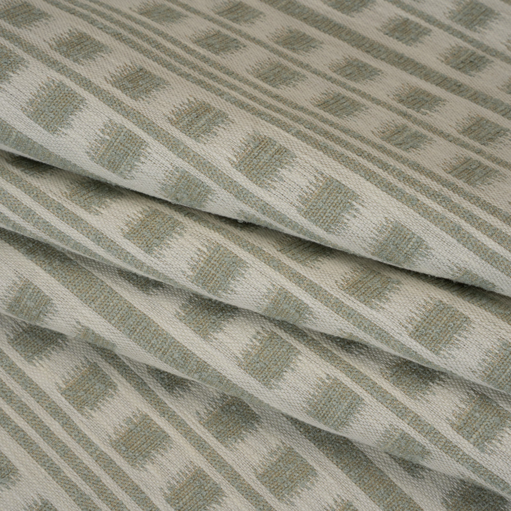 Polyester and Cotton Home Decor Jacquard - Sage Ikat Squares in Stripes - British Imported