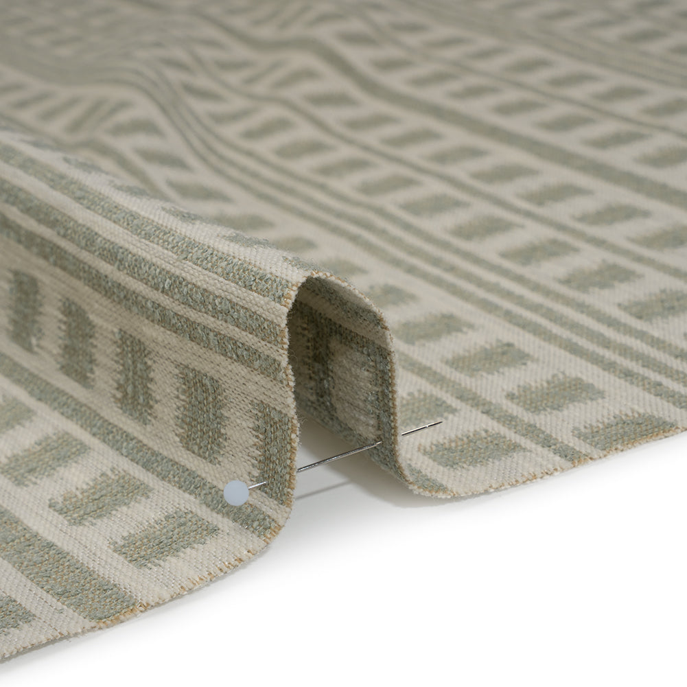 Polyester and Cotton Home Decor Jacquard - Sage Ikat Squares in Stripes - British Imported