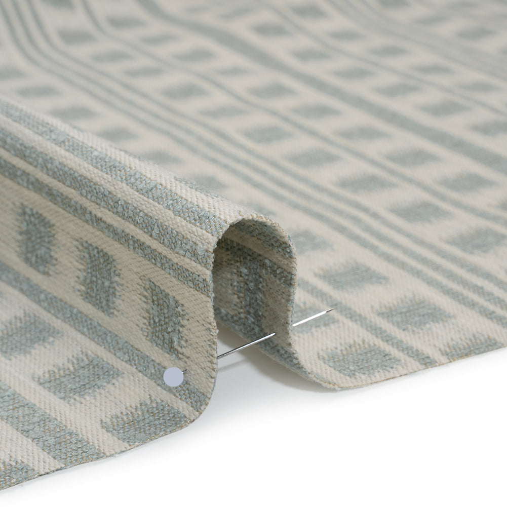 Polyester and Cotton Home Decor Jacquard - Seafoam Ikat Squares in Stripes - British Imported
