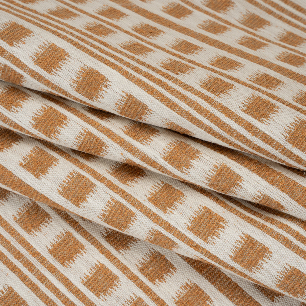 Polyester and Cotton Home Decor Jacquard - Tangerine Ikat Squares in Stripes - British Imported