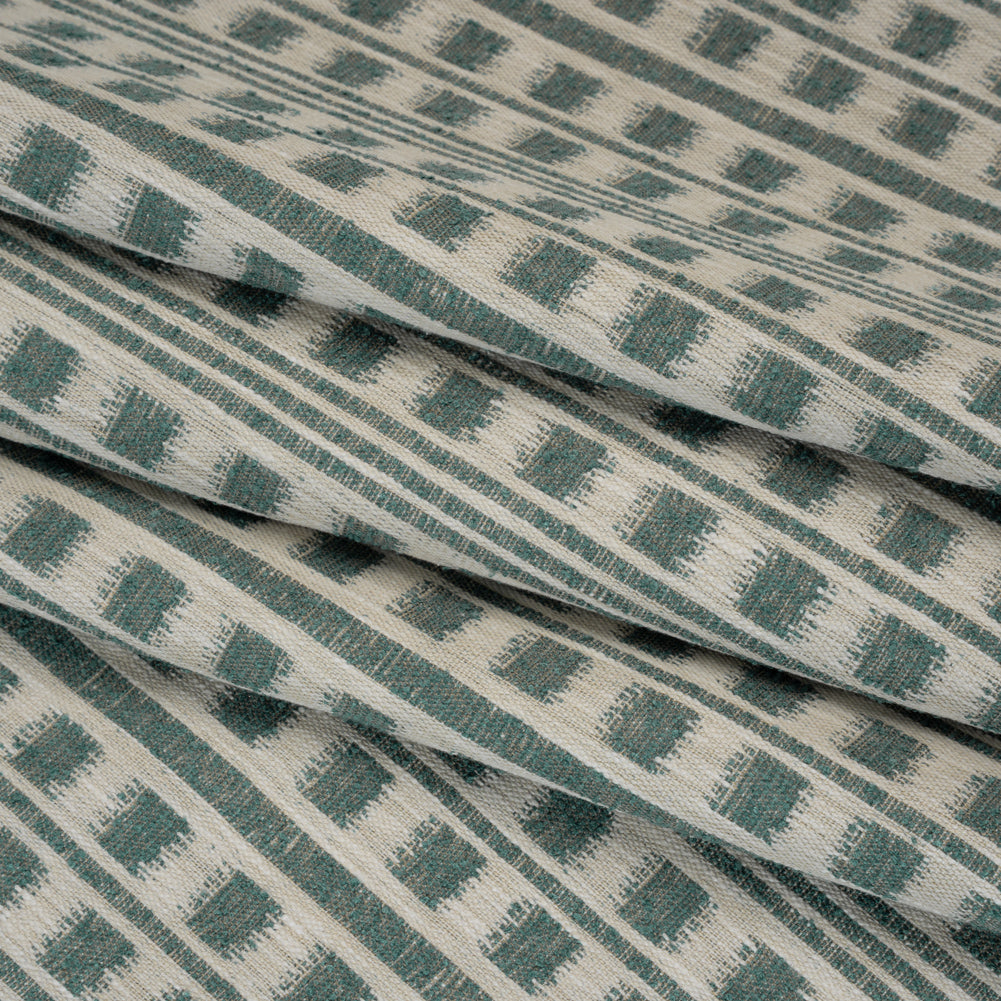 Polyester and Cotton Home Decor Jacquard - Teal Ikat Squares in Stripes - British Imported