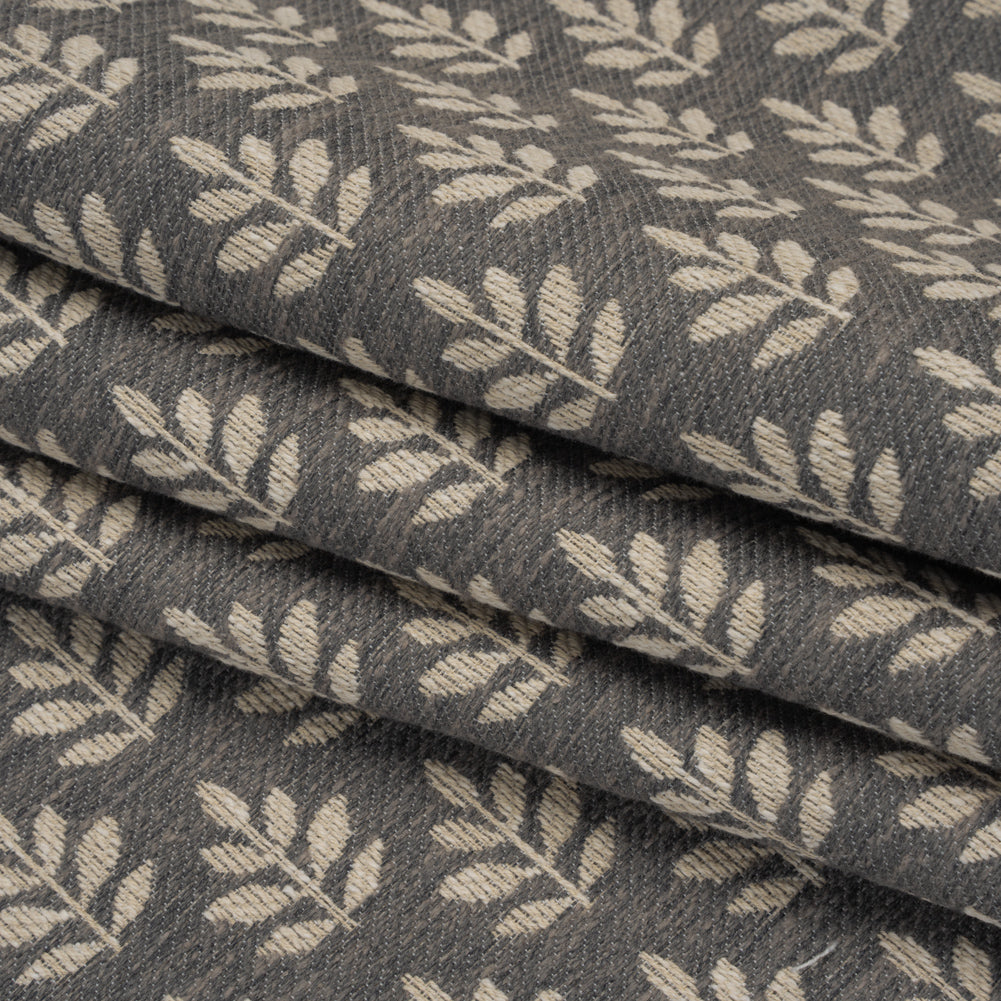 Polyester and Cotton Twill Jacquard - Charcoal Lines of Leaves - British Imported
