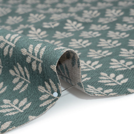 Polyester and Cotton Twill Jacquard - Teal Lines of Leaves - British Imported