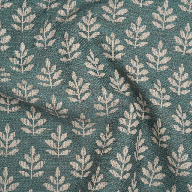 Polyester and Cotton Twill Jacquard - Teal Lines of Leaves - British Imported