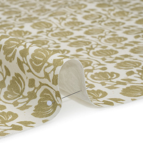 Cotton and Linen Canvas Print - Olive Block Print Florals - British Imported