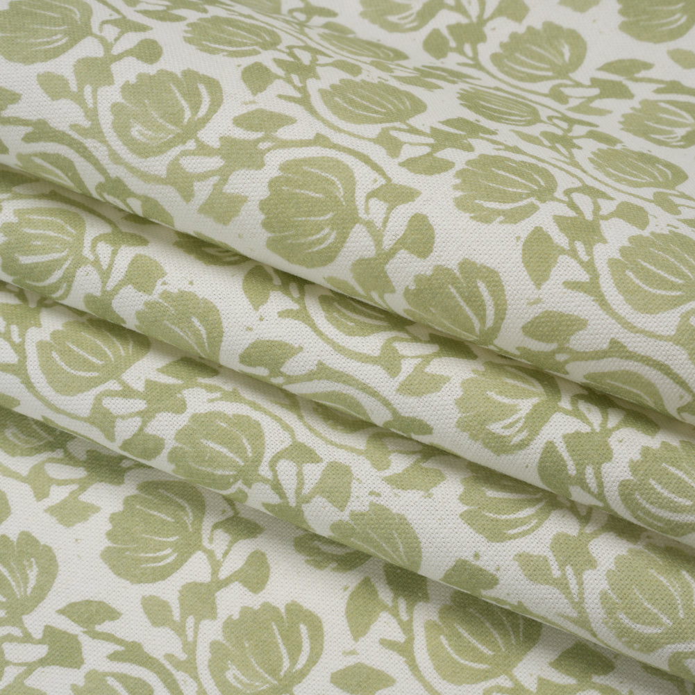 Cotton and Linen Canvas Print - Pistachio Block Print Florals - British Imported
