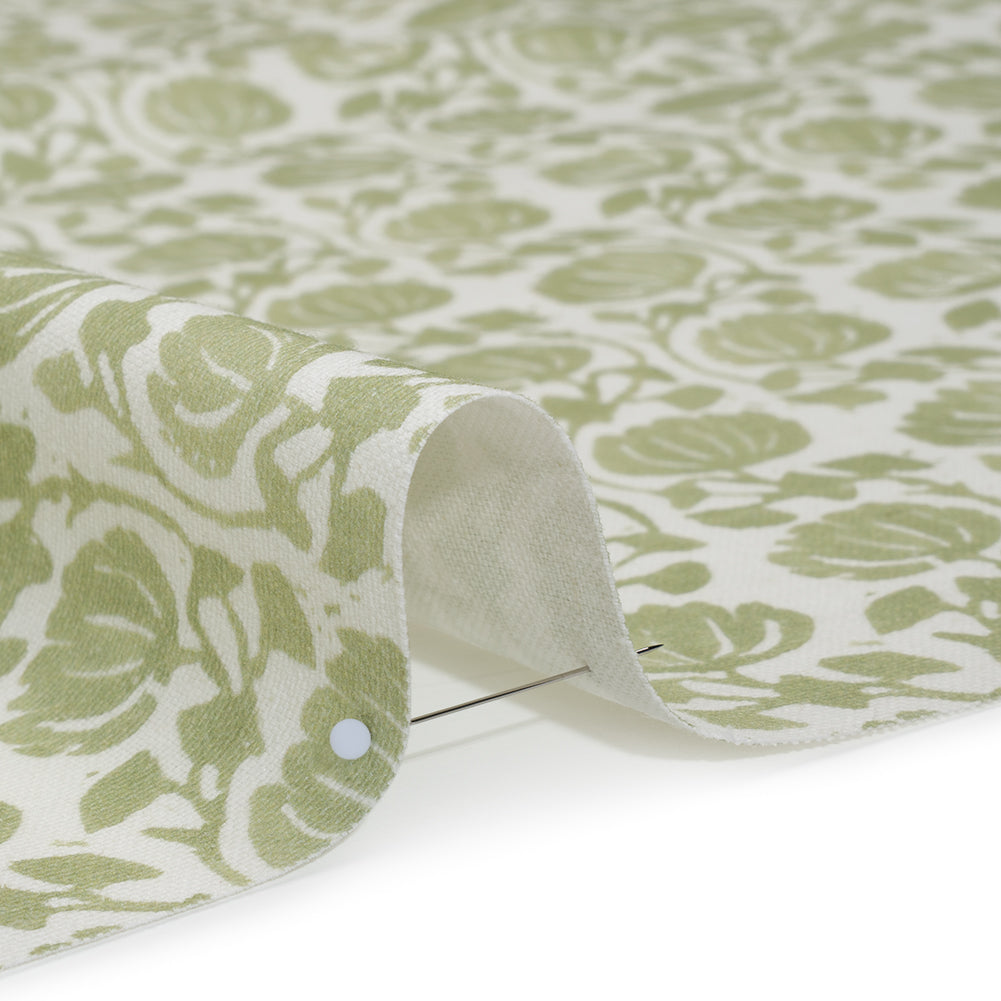 Cotton and Linen Canvas Print - Pistachio Block Print Florals - British Imported