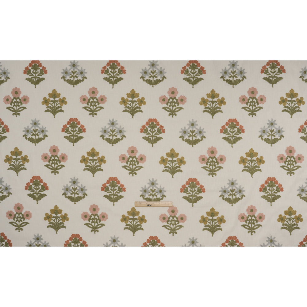 Polyester and Cotton Slubbed Drapery Woven with Viscose Embroidery - Garden Simple Flowers - British Imported