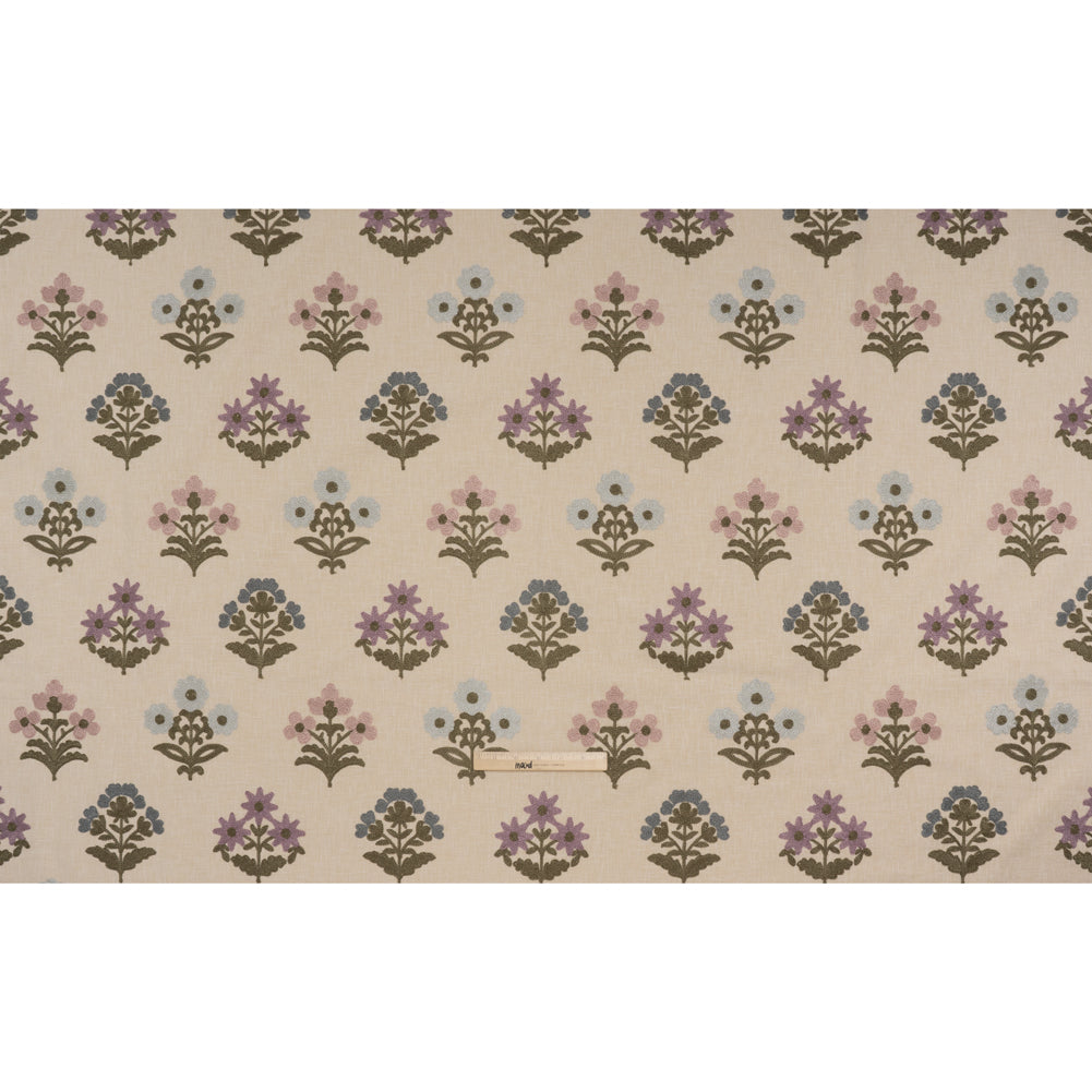 Polyester and Cotton Slubbed Drapery Woven with Viscose Embroidery - Iris Simple Flowers - British Imported