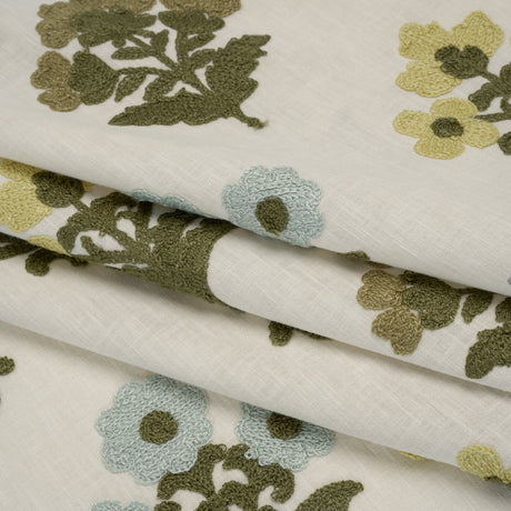 Polyester and Cotton Slubbed Drapery Woven with Viscose Embroidery - Lagoon Simple Flowers - British Imported
