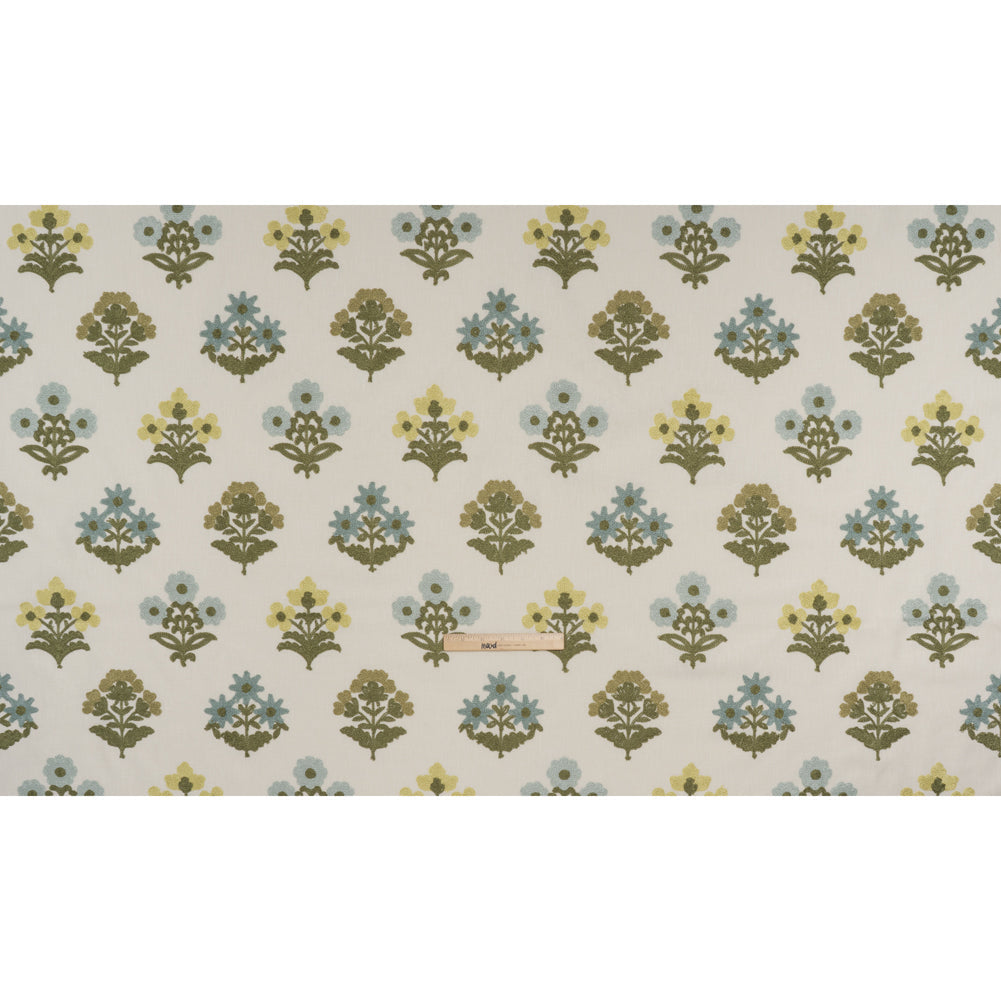 Polyester and Cotton Slubbed Drapery Woven with Viscose Embroidery - Lagoon Simple Flowers - British Imported