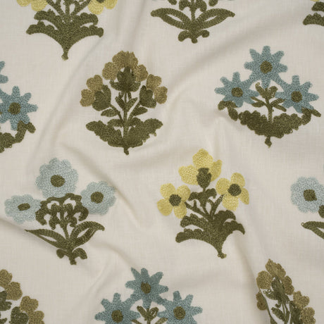 Polyester and Cotton Slubbed Drapery Woven with Viscose Embroidery - Lagoon Simple Flowers - British Imported
