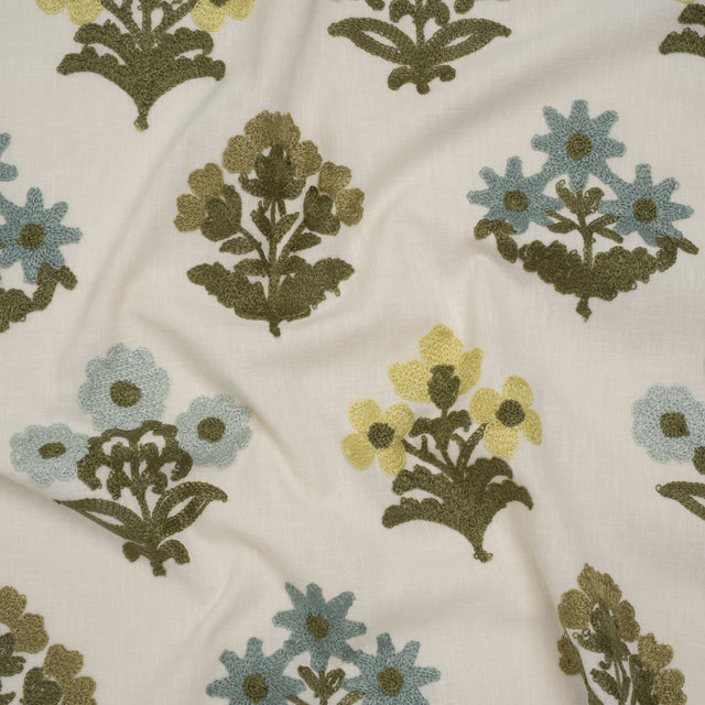 Polyester and Cotton Slubbed Drapery Woven with Viscose Embroidery - Lagoon Simple Flowers - British Imported