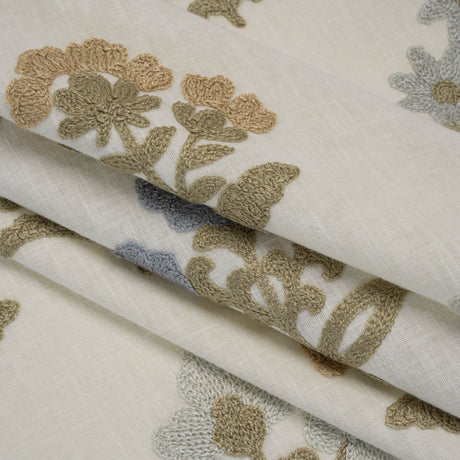 Polyester and Cotton Slubbed Drapery Woven with Viscose Embroidery - Seaspray Simple Flowers - British Imported