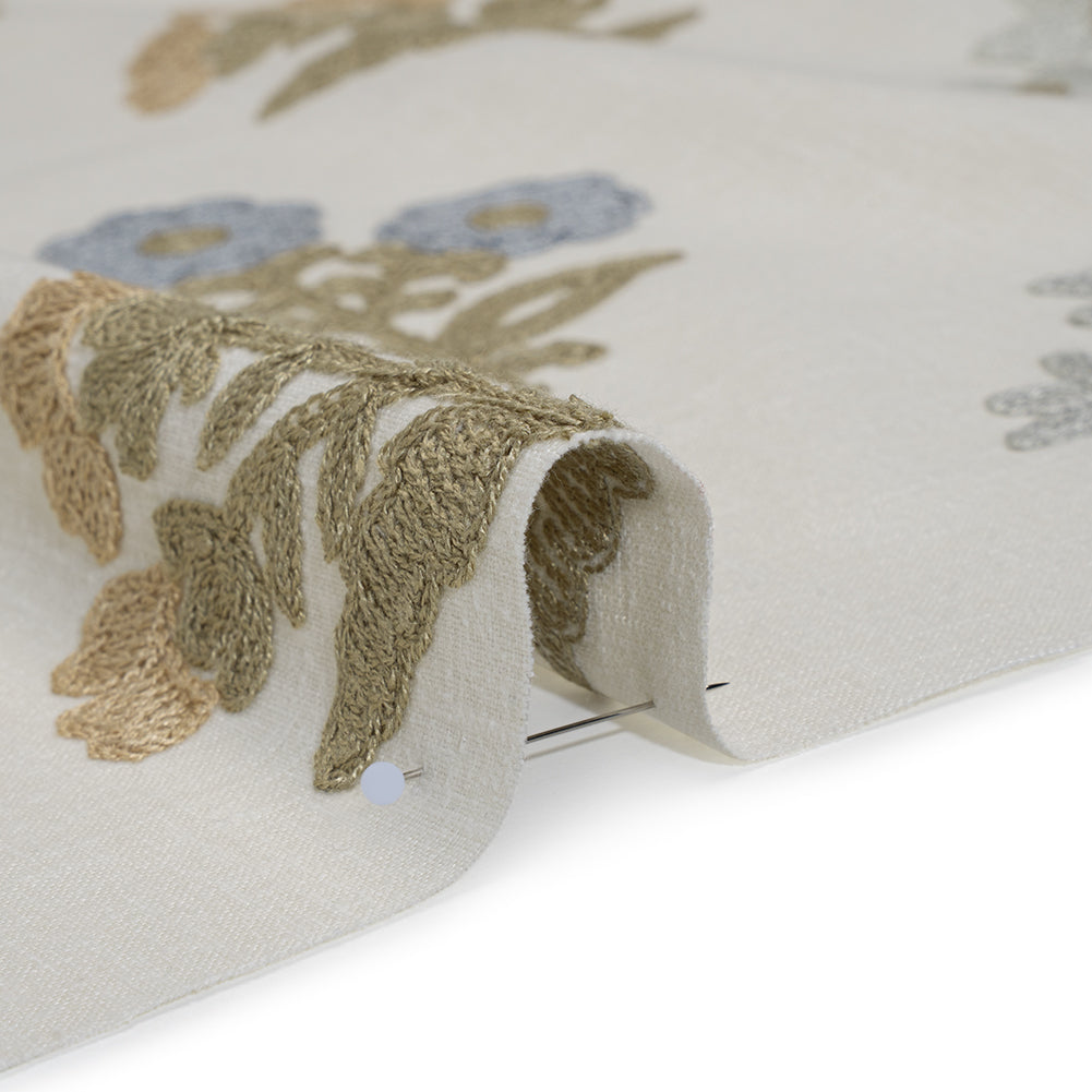 Polyester and Cotton Slubbed Drapery Woven with Viscose Embroidery - Seaspray Simple Flowers - British Imported