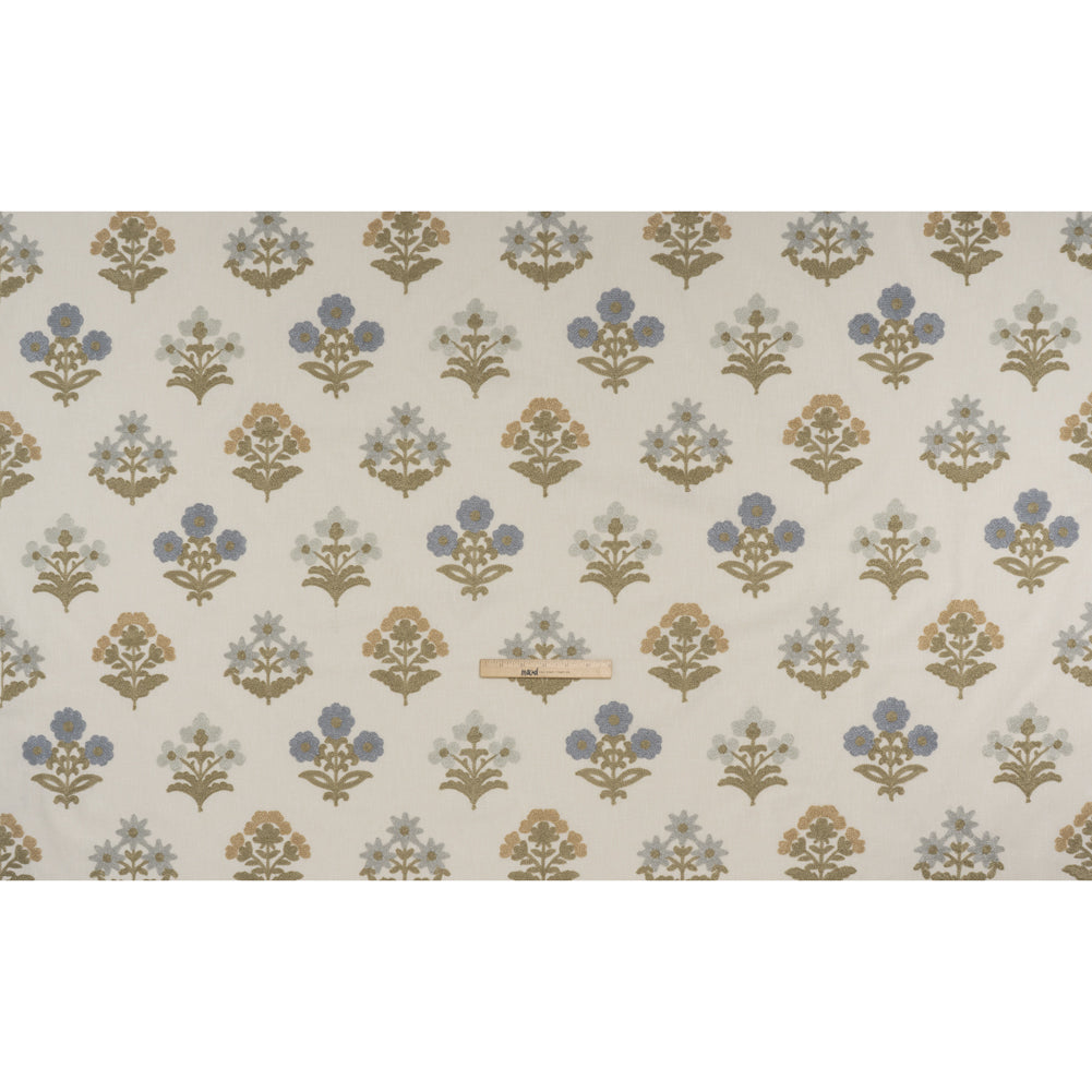 Polyester and Cotton Slubbed Drapery Woven with Viscose Embroidery - Seaspray Simple Flowers - British Imported