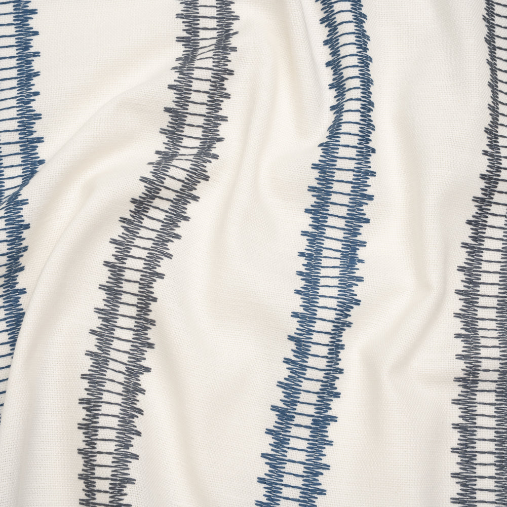 Embroidered Recycled Polyester and Cotton Woven - Navy Zig Zag Ladder Stripes - British Imported