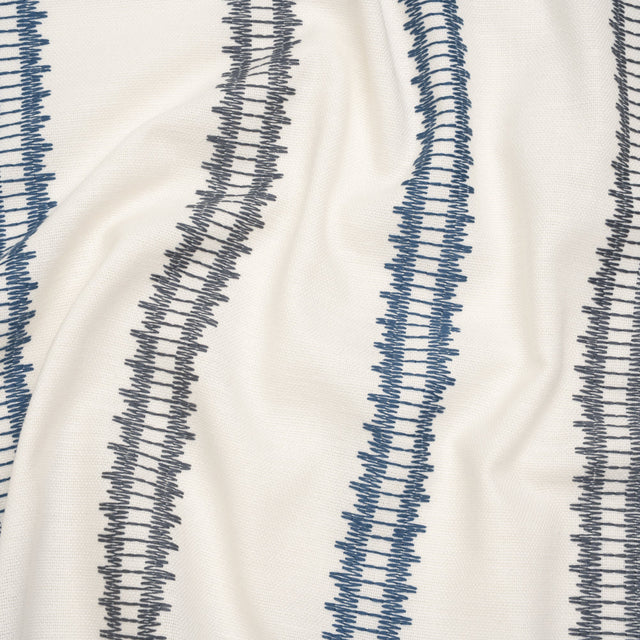 Embroidered Recycled Polyester and Cotton Woven - Navy Zig Zag Ladder Stripes - British Imported