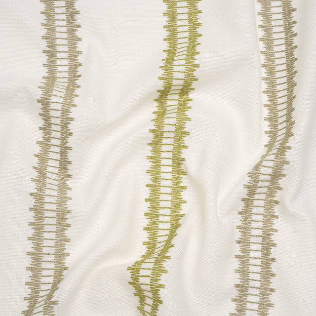 Embroidered Recycled Polyester and Cotton Woven - Olive Zig Zag Ladder Stripes - British Imported