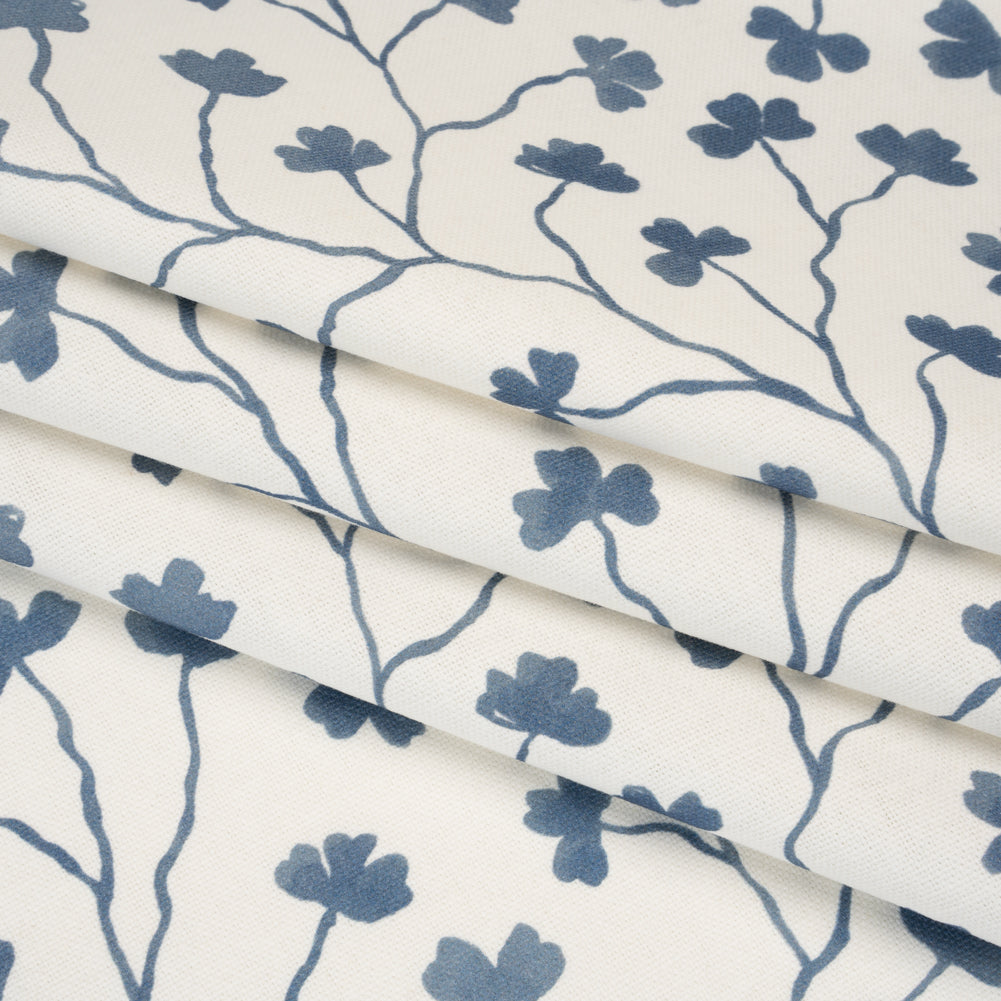 Brushed Cotton and Linen Canvas - Navy Clover Leaf Vines - British Imported