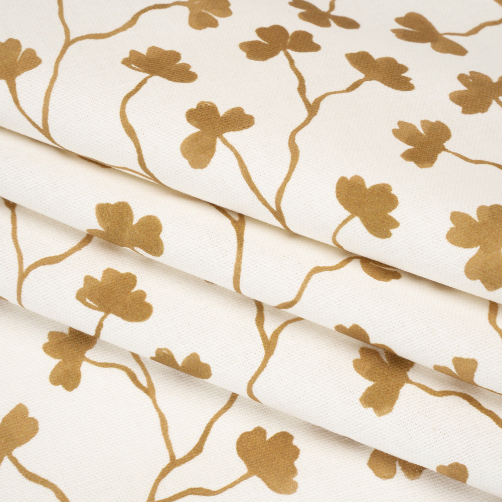 Brushed Cotton and Linen Canvas - Ochre Clover Leaf Vines - British Imported