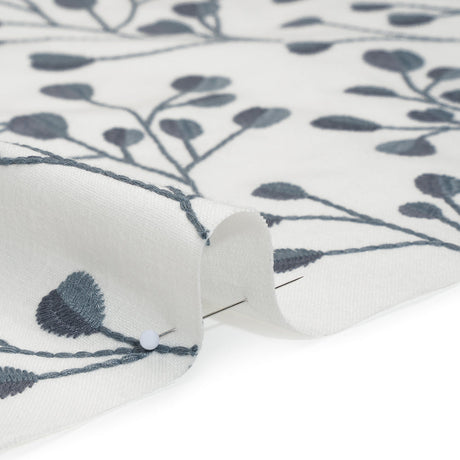 Embroidered Polyester and Cotton Woven - Denim Budding Plants - British Imported