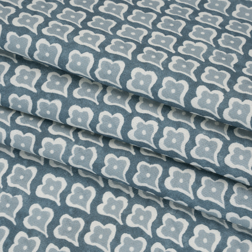 Brushed Cotton and Linen Canvas Print - Denim Flower Petal Ogees - British Imported