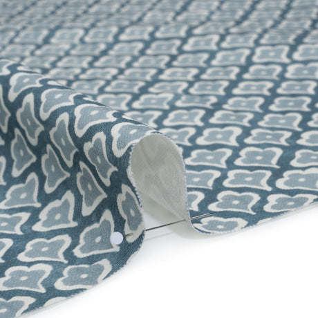 Brushed Cotton and Linen Canvas Print - Denim Flower Petal Ogees - British Imported