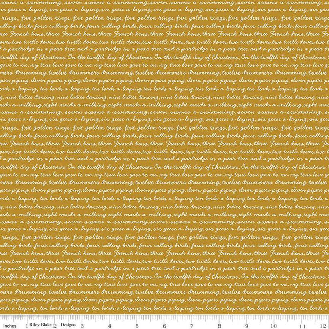 Quilting Cotton A Pear-fect Christmas Calling Words Gold Riley Blake