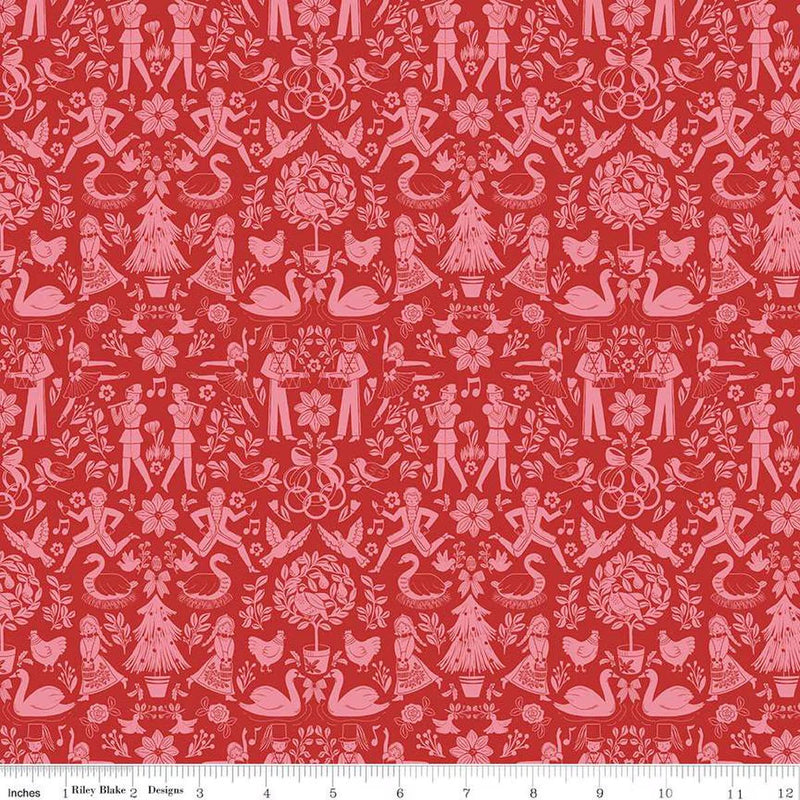 Quilting Cotton A Pear-fect Christmas Lords A-Leaping Coral Floral Riley Blake