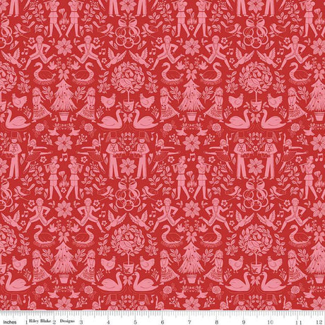 Quilting Cotton A Pear-fect Christmas Lords A-Leaping Coral Floral Riley Blake