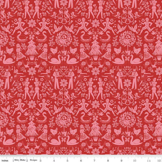 Quilting Cotton A Pear-fect Christmas Lords A-Leaping Coral Floral Riley Blake