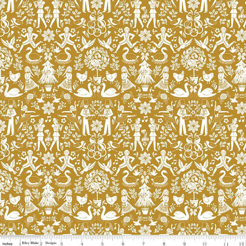 Quilting Cotton A Pear-fect Christmas Lords A-Leaping Gold