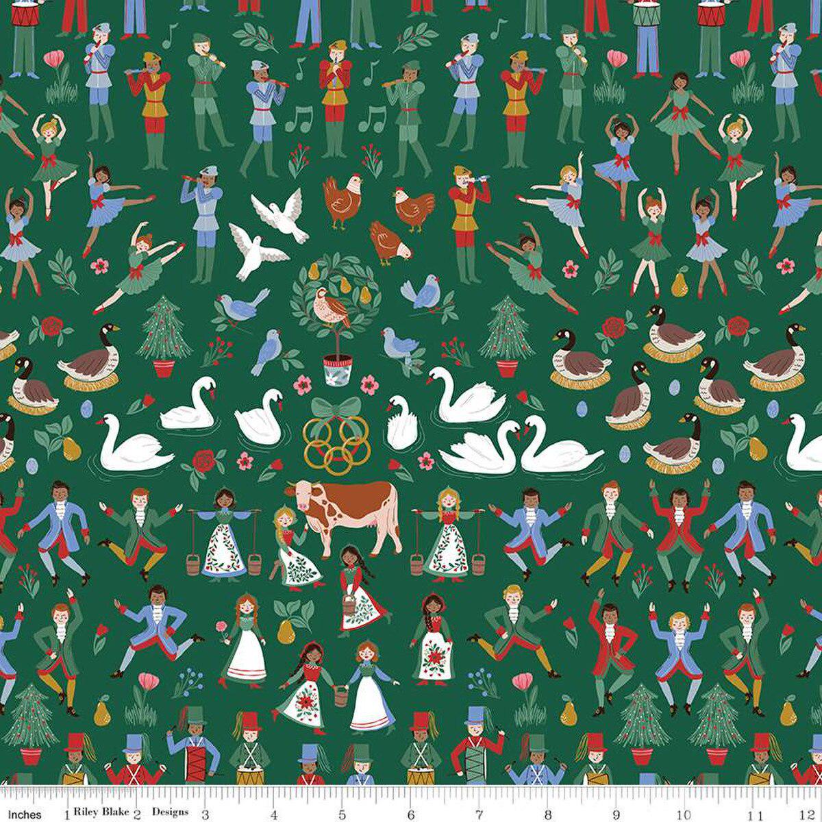 Quilting Cotton A Pear-fect Christmas Twelfth Day Green Riley Blake